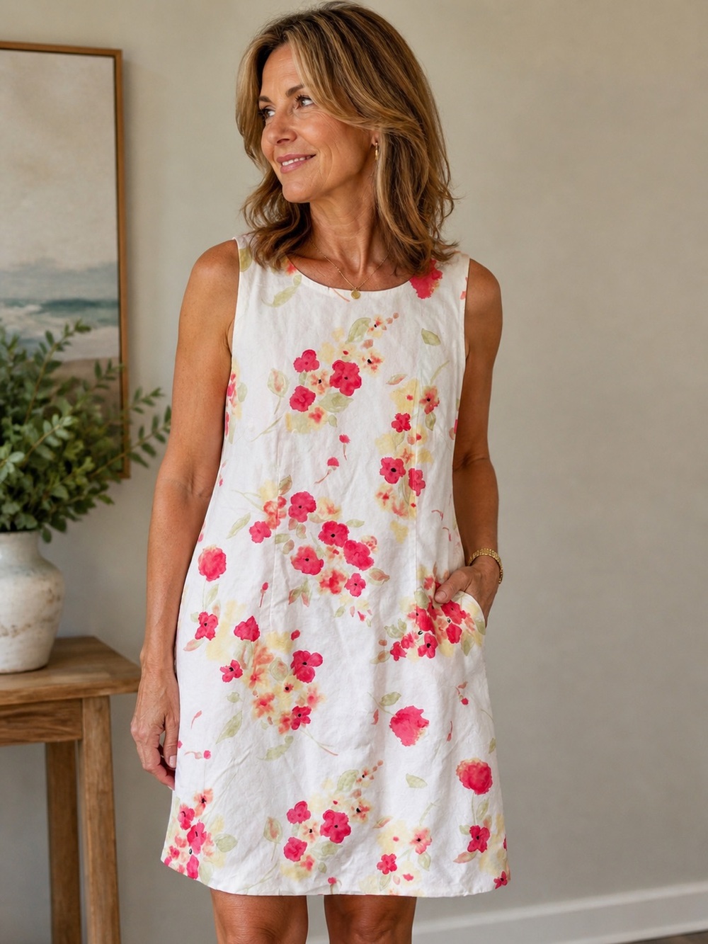 Casual Corner Annex Petite White Dress with Pink Floral Accents